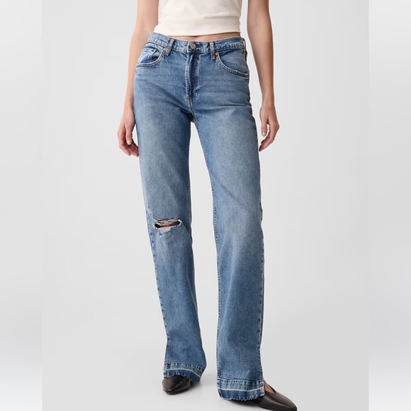 [Gap] Mid Rise 90’s Loose Jeans Distressed Ripped Casual Split Hem Size 24 - Picture 1 of 10